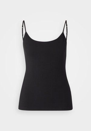 Fekete női trikó vékony állítható pántokkal, sima, rugalmas anyagból készült. Mély, kerek nyakkivágása és testhezálló szabása van.