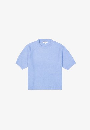 Himmelblaues kurzärmliges Sweater aus weichem Material mit Rundhalsausschnitt und geripptem Saum. Verfügt über Raglanärmel und einen lässigen Schnitt.