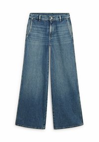 Jeans in denim blu a gamba larga con una finitura sbiadita, dotati di tasche frontali, chiusura con bottone e un classico design a cinque tasche.