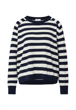 Sweter z długim rękawem i okrągłym dekoltem, w poziome granatowo-białe paski, z prążkowanymi mankietami i dołem oraz luźnym krojem.