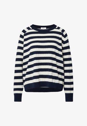 Trui met lange mouwen en ronde hals met horizontale marineblauwe en witte strepen, geribbelde manchetten en zoom, en een ontspannen pasvorm.