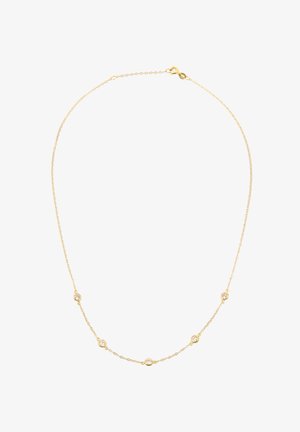 Gouden schakelkettinkje met kleine ronde accenten en heldere stenen. Fijn ontwerp, dunne textuur en een standaard sluiting.