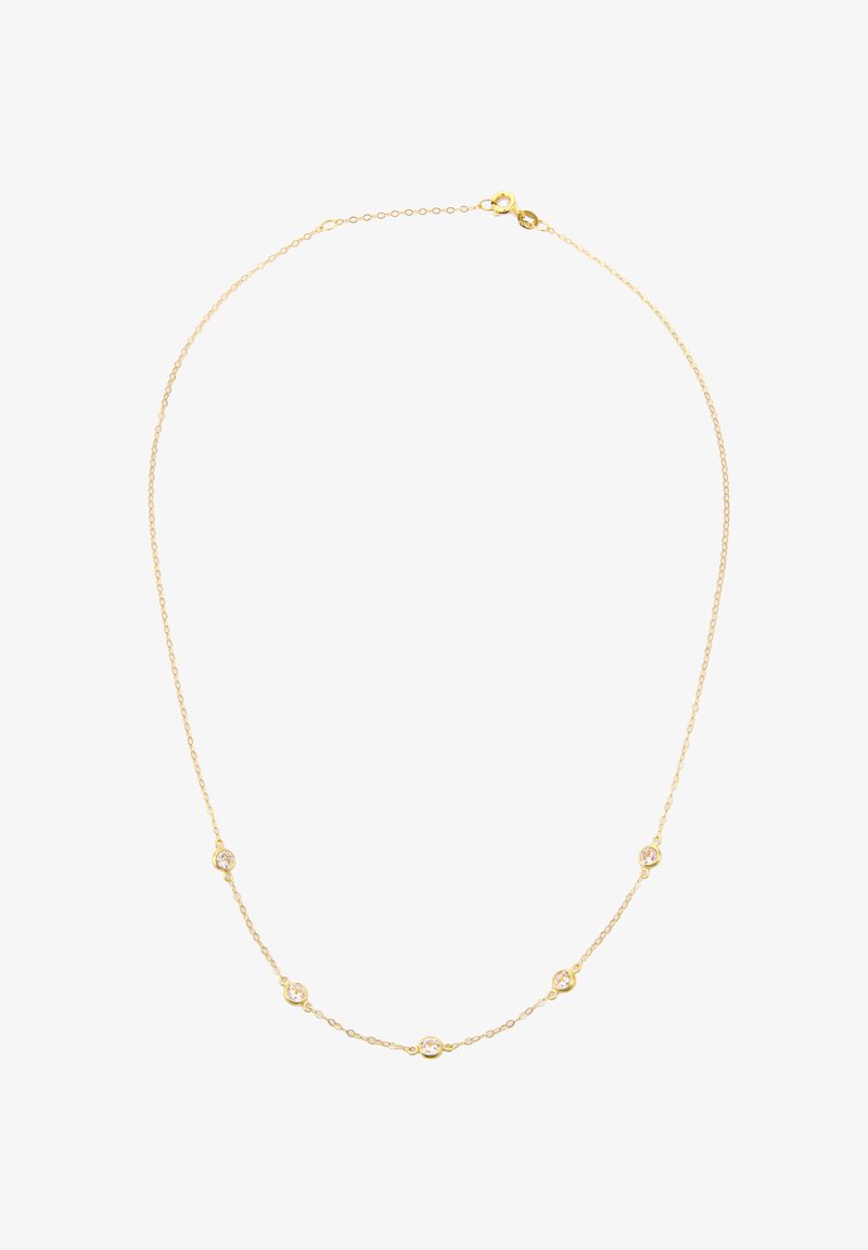 Collar de cadena de oro con pequeños acentos circulares con piedras transparentes. Diseño delicado, textura fina y cierre de gancho estándar.
