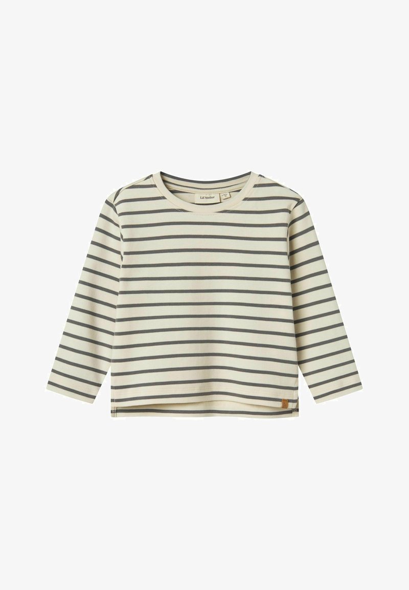 Langärmliges, cremefarbenes Hemd mit grauen horizontalen Streifen. Runder Ausschnitt und leicht abgerundeter Saum. Verfügt über ein kleines Logotag an der unteren Seite.