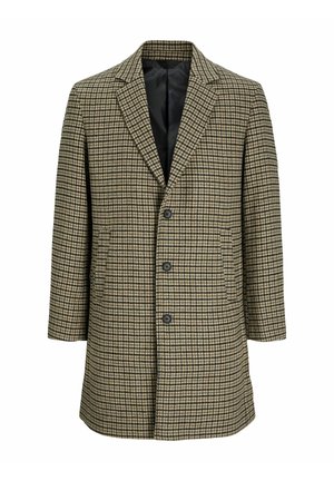 Hnedý a čierny kockovaný kabát s výstrihom, tromi gombíkmi a dvoma bočnými vreckami. Interiér podšitý čiernou látkou.