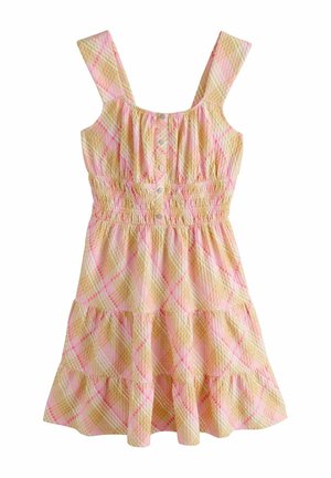 Ærmeløs kjole med brede stropper, pink og gul ternet mønster, smock-talje, knapper foran og lagdelt nederdel.