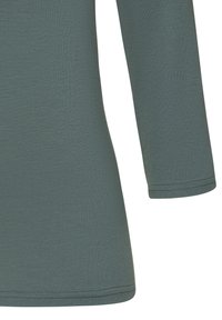 Groene lange mouw top gemaakt van soepel materiaal, met een getailleerd ontwerp en nette naaddetails. Het materiaal lijkt zacht en rekbaar.