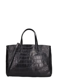 Borsa tote in pelle nera con stampa coccodrillo, dotata di manici superiori doppi e una tracolla rimovibile, caratterizzata da una superficie liscia e una forma strutturata.