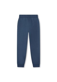 Pantalon de survêtement bleu marine avec taille élastique et poignets aux chevilles, poches latérales, présenté à plat sur un fond blanc.