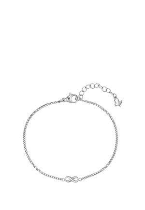 Zarter silberner Kettenarmband mit einem Unendlichkeitszeichen-Anhänger und verstellbarem Verschluss mit kleinem blumenförmigem Ende.