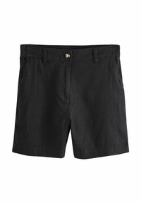 Schwarze knielange Shorts mit Knopfverschluss, Gürtelschlaufen und Seitentaschen, dargestellt auf weißem Hintergrund.