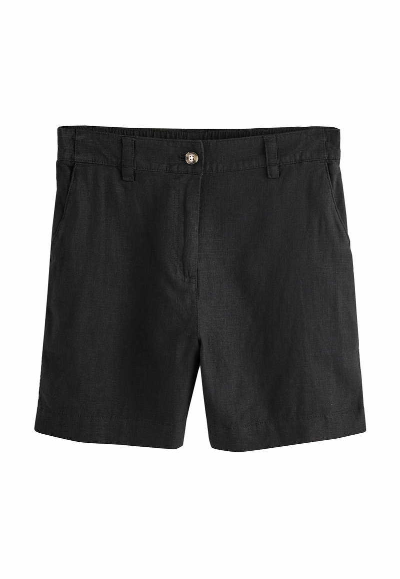 Schwarze knielange Shorts mit Knopfverschluss, Gürtelschlaufen und Seitentaschen, dargestellt auf weißem Hintergrund.