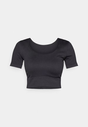 Black ribbed cropped top with short sleeves, wide round neckline, and a fitted band at the bottom. Soft texture, casual design.