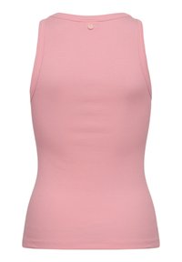 Débardeur rose côtelé sans manches avec un col rond montant et un petit bouton au centre du dos, près du col.