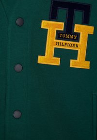 Grøn sweatshirt med sorte trykknapper, et fremtrædende broderet logo i gul og marineblå med navnet "Tommy Hilfiger."