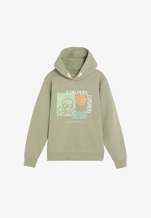 Sudadera con capucha de color verde claro con gráfico de calavera y huesos cruzados, espiral naranja, ondas azules y texto "Scalpers Company" en el frente.