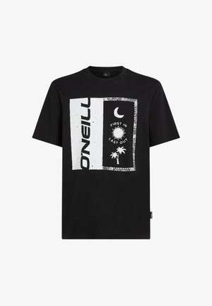 Black cotton t-shirt featuring a graphic design with white text, sun, moon, and palm tree patterns, and a tag on the left side.