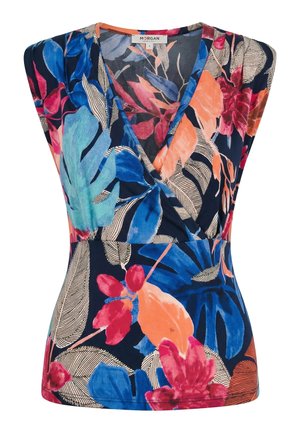 Top senza maniche con scollo a V incrociato, caratterizzato da un vivace motivo floreale in blu, arancione, rosso e beige su uno sfondo scuro.
