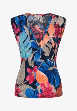 Haut cache-cœur sans manches à col en V avec un motif floral vibrant en bleu, orange, rouge et beige sur un fond sombre.