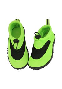 Neon-grüne Wasserschuhe mit schwarzen Mesh-Paneelen, elastischem Zugbandverschluss und Gummisohlen für Halt. Größe im Inneren angegeben.