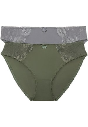 Zwei Paare Damenunterhosen: Eine in Grau mit Spitzeneinsatz und die andere in Olivgrün, beide mit kleinen Schleifen und gewellten Kanten.