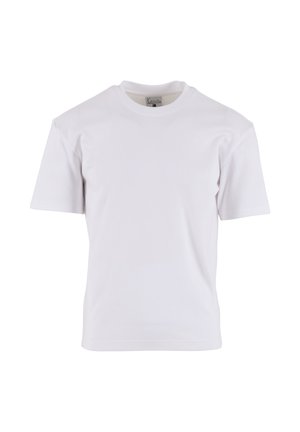 Schlichtes weißes T-Shirt mit kurzen Ärmeln und Rundhalsausschnitt auf weißem Hintergrund, Vorderansicht mit sichtbarem Kragenetikett im Halsausschnitt.