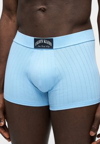 Ανδρικός κορμός που φοράει ανοιχτό μπλε μποξεράκι Calvin Klein με λεπτές κάθετες ρίγες και μαύρο λογότυπο στο λάστιχο της μέσης.