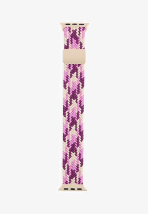 Bracelet de montre tressé et tissé avec motif en zigzag rose, violet et beige et connecteurs beiges aux deux extrémités.