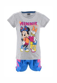 Camiseta de algodón gris con un estampado de dibujos animados de Minnie Mouse y Daisy Duck. Pantalones cortos azules con acentos rosas y volantes. Conjunto infantil cómodo.