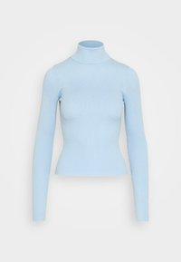 Lichtblauwe geribbelde coltrui met lange mouwen en een aansluitende silhouet. De stof lijkt zacht en flexibel, met een gladde textuur.