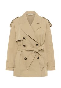 Beige trenčkot s dvouřadým designem, páskem v oblasti pasu, ramenními nášivkami a manžetami se založením. Vyrobeno z hladkého materiálu.