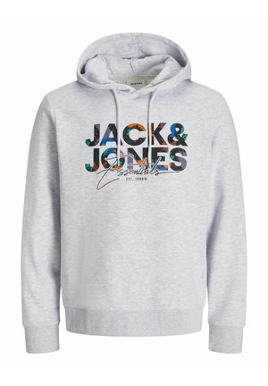 Vaaleanharmaa huppari, joka on valmistettu teksturoidusta kankaasta ja jossa on monivärinen painatus "JACK & JONES Essentials" edessä.