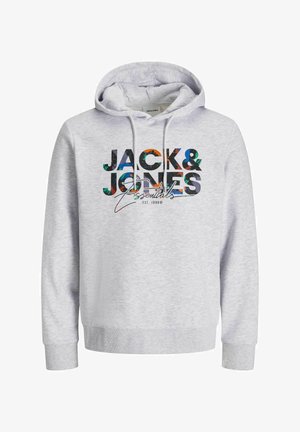 Heled hallikas-hall kapuutsiga sviiter, mis on valmistatud tekstuurses kangas, esiküljel on mitmevärviline graafiline trükk "JACK & JONES Essentials".