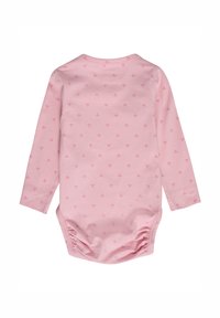 Långärmad rosa bodysuit i mjukt material, med ett upprepat litet blommönster och sammetsdetaljer på botten.