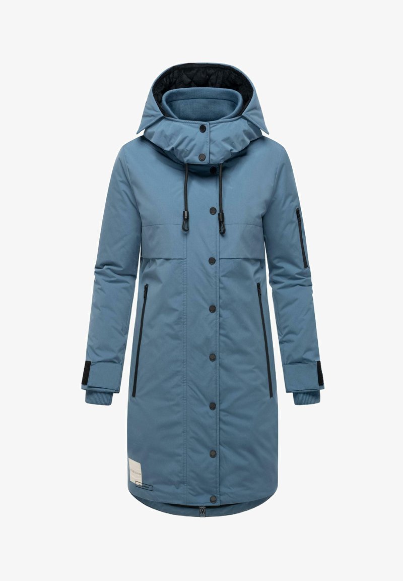 Light blue parka with a high neck, black accents, two side pockets, and a zippered sleeve pocket. Features snap buttons and a drawstring hood.