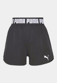 Zwarte sportshorts met een brede elastische tailleband met herhaald witte PUMA-logo en een klein wit Puma-kattenlogo op de zoom van het linkerbeen.
