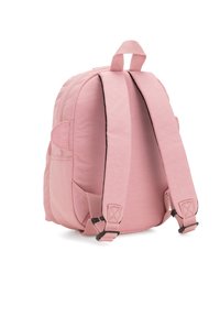 Zaino rosa con forma strutturata imbottita, spallacci regolabili, tasca laterale e maniglia superiore. Texture liscia con bordi neri a contrasto.