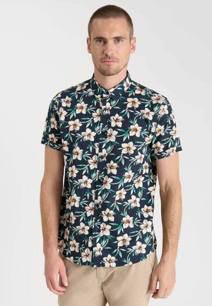 Kurzarmhemd in Dunkelblau mit einem weißen und grünen Blumenmuster. Hergestellt aus leichtem Stoff mit einer Knopfleiste und einem kragen.