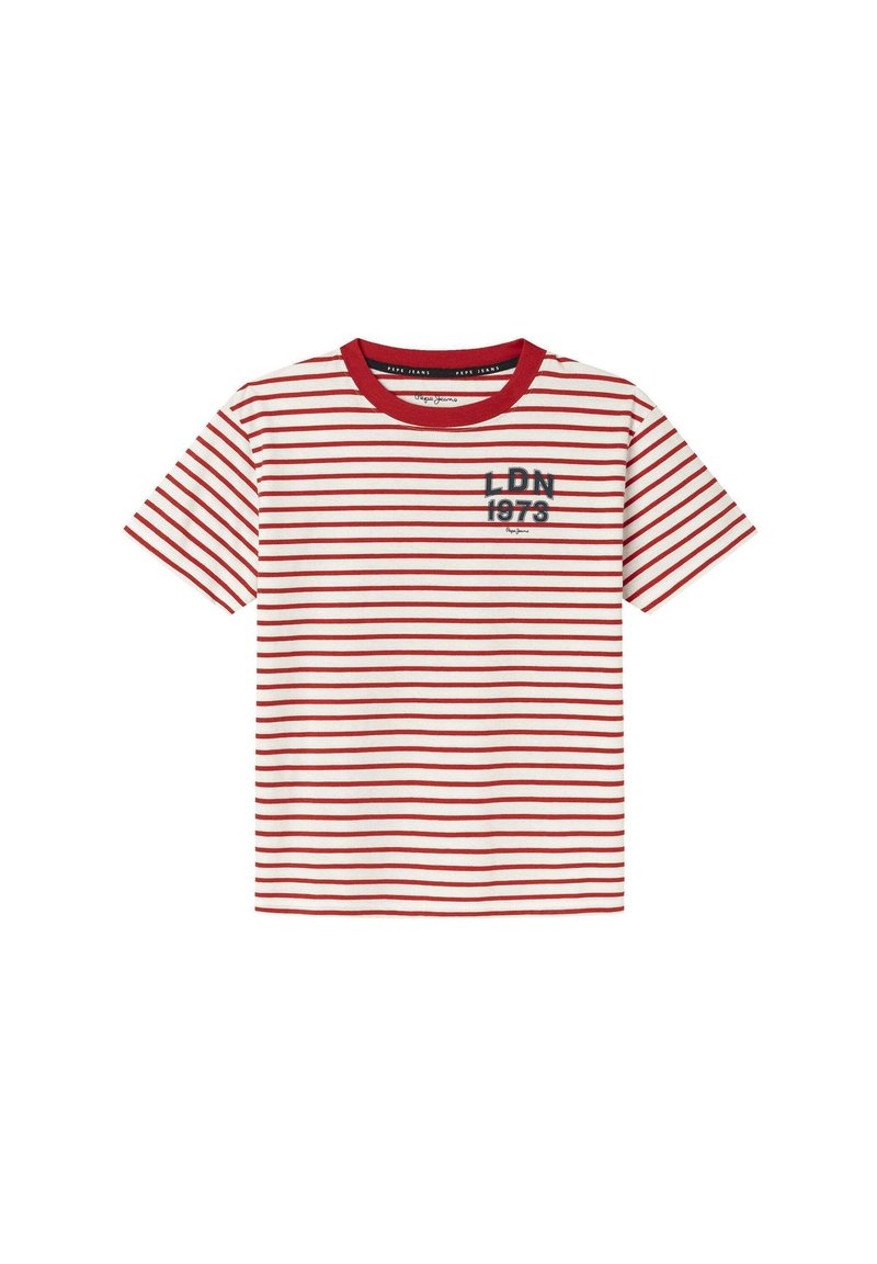 Röd och vit randig t-shirt med röd krage, med svart "LDN 1973" text på vänster bröstområde. Bommullsmaterial, kortärmad.