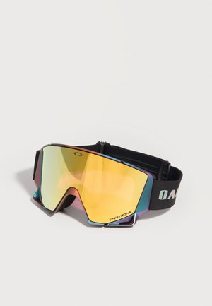 Skibril met reflecterend geel glas, regenboogkleurig montuur en zwarte verstelbare band met het label "Oakley".