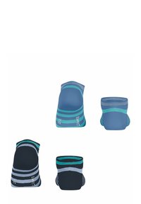 Vier paren sokken in verschillende tinten blauw en zwart met gestreepte patronen. De materialen lijken zacht, met contrasterende gekleurde accenten.