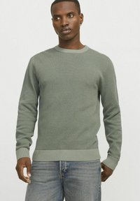 Olivgrüner Strickpullover mit strukturiertem Muster, Rundhalsausschnitt sowie gerippten Bündchen und Saum. Kombiniert mit hellblauen Jeans.