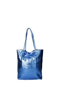 Blauwe metalen tote bag met twee schouderbanden, een gladde textuur, een grote open bovenkant en een minimalistisch ontwerp. Geen zichtbare hardware of patronen.