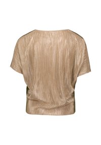 Lys beige, ribbet bluse med en afslappet pasform, korte ærmer og en rund halsudskæring. Lavet af et skinnende, struktureret stof.