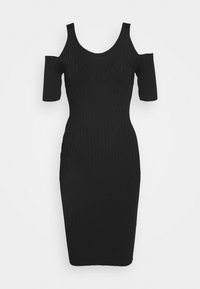 Robe noire à côtes avec un ajustement près du corps, présentant des manches décolletées et un col rond, s'arrêtant juste en dessous du genou.