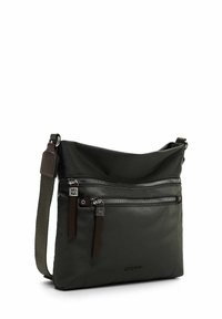 Dark green shoulder bag made of nylon, featuring two zippered front pockets, adjustable strap, and brown leather accents. Smooth texture.