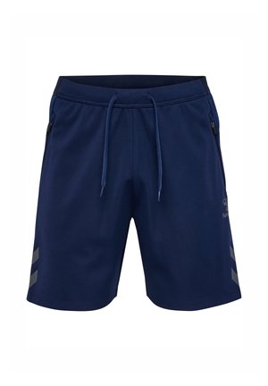 Pantalones deportivos azul marino hechos de tela transpirable, con cintura ajustable con cordón, bolsillos laterales y franjas de acento grises en los costados.