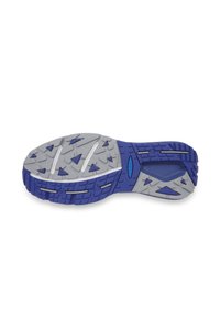 Semelle d'une chaussure de course bleue et grise avec un motif texturé, des motifs triangulaires et une section de support de stabilité visible.