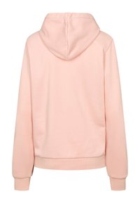 Svetlo roza kapucar z mehko teksturo, z vrvico za kapuco ter rebrastimi manšetami in spodnjim robom. Enostavna zasnova brez dodatnih vzorcev ali poudarkov.