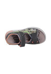 Sandale pour enfants en gris avec un design de dinosaure vert. Elle comporte deux sangles réglables, des accents orange et une semelle intérieure texturée. Semelle en caoutchouc.